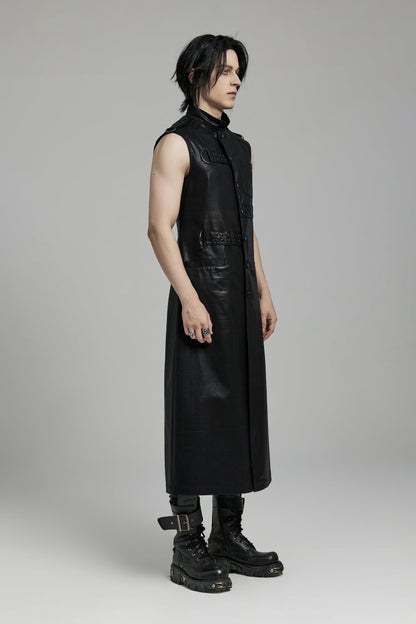 Black Stand Collar Sleeveless Faux Leather Men's Punk Long Vest