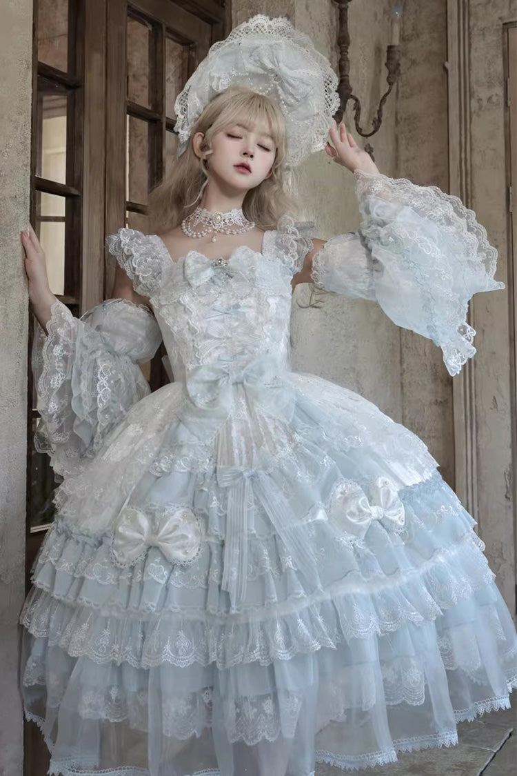 Blue [Prelude of Spring] Sleeveless Multi-Layered Ruffled Bow Lace Sweet Princess Lolita Jsk Dress