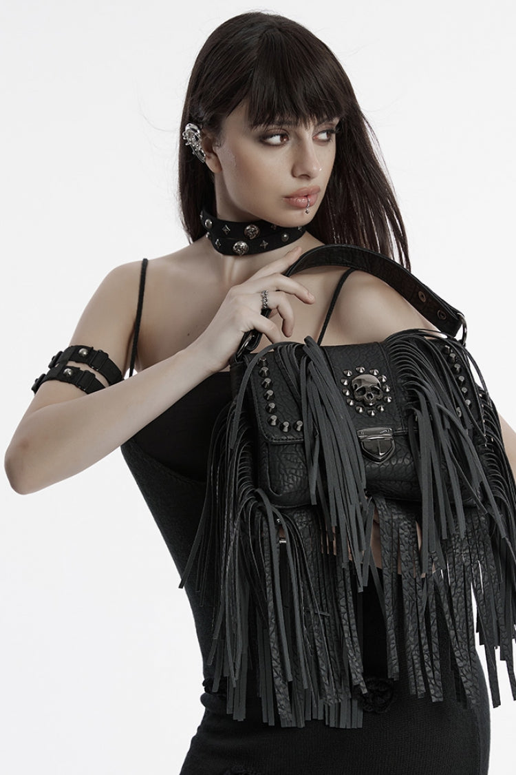 Black Studded Tassels Rivet Straps Faux Leather Women's Gothic Bag