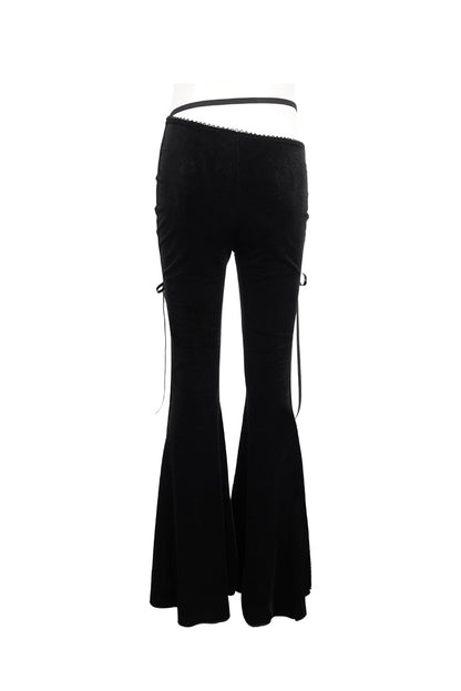 Black Velvet-Paneled Mesh Side-Adjustable Asymmetrical Women's Gothic Leggings