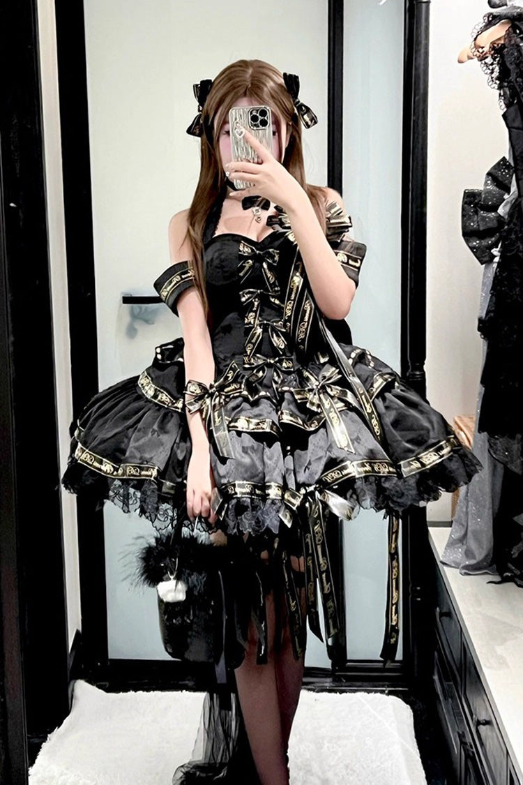 Black [Young Lady] Halterneck Sleeveless Multi-Layered Ruffle Bowknot Elegant Princess Gothic Lolita Dress