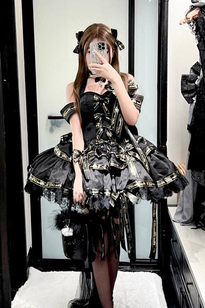 Black [Young Lady] Halterneck Sleeveless Multi-Layered Ruffle Bowknot Elegant Princess Gothic Lolita Dress