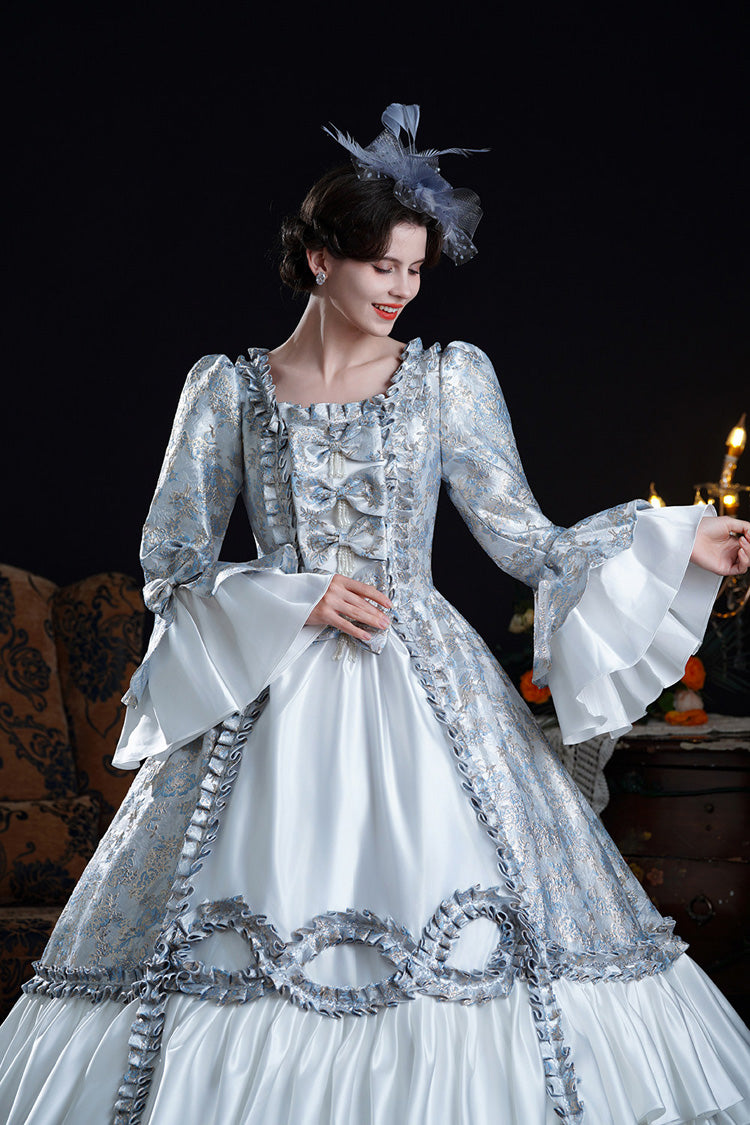 Blue Square Collar Long Trumpet Sleeves Double-Layered Ruffled Embroidered Open-Front Bow Classic Vintage Palace Lolita Victorian Dress