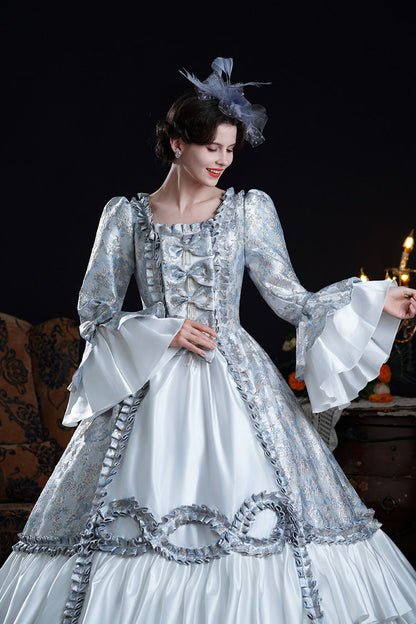 Blue Square Collar Long Trumpet Sleeves Double-Layered Ruffled Embroidered Open-Front Bow Classic Vintage Palace Lolita Victorian Dress