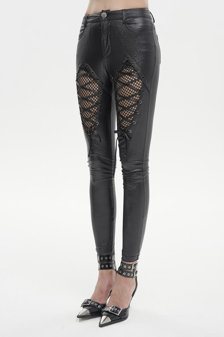 Black Stretch Diamond Wavy String Adjustable Slim Fit Women's Punk Trousers