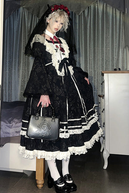 Black [Rose Choir] Double-Layered Ruffle Embroidery Bowknot Lace Gothic Elegant Nun Lolita Dress
