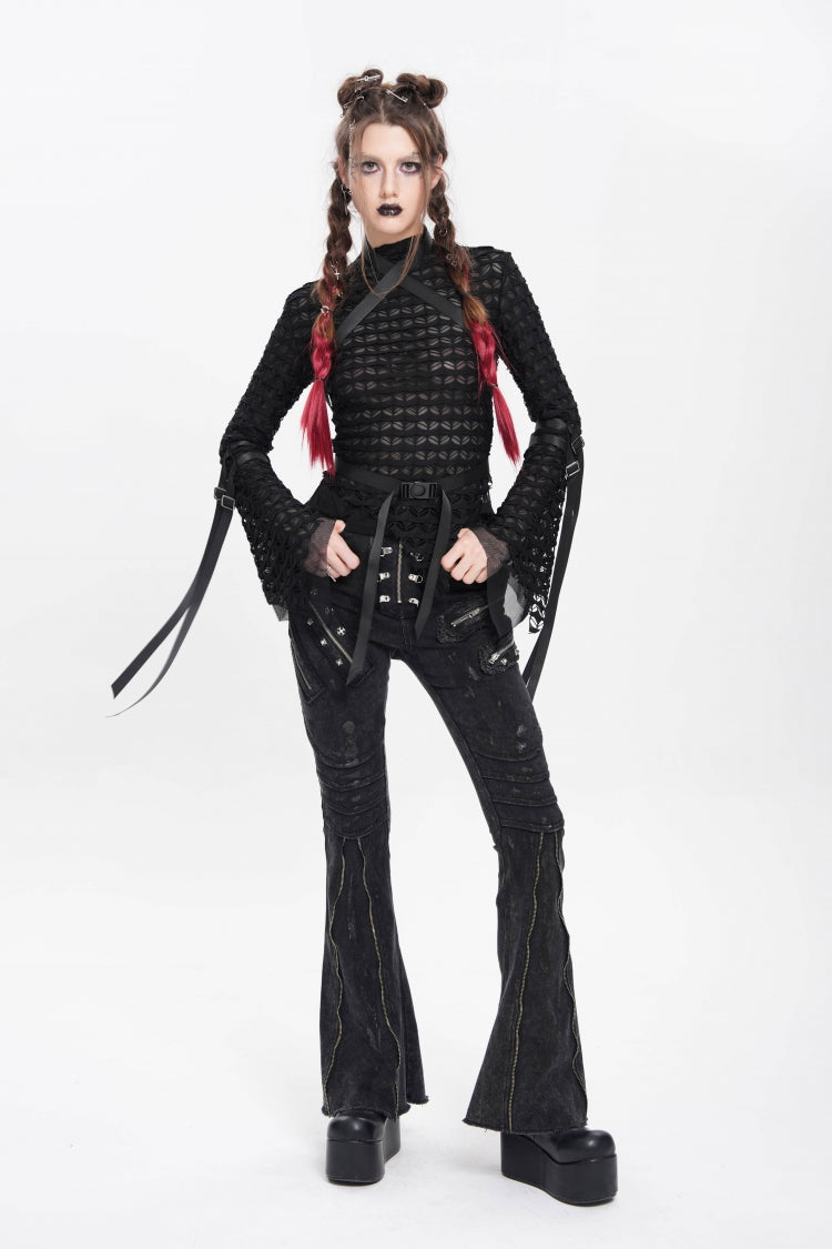 Black Stand Collar Long Sleeves Mesh Buckle Straps Women's Punk Blouse