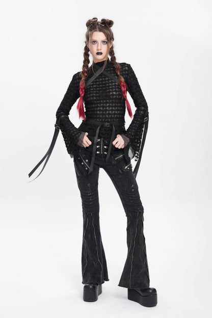 Black Stand Collar Long Sleeves Mesh Buckle Straps Women's Punk Blouse