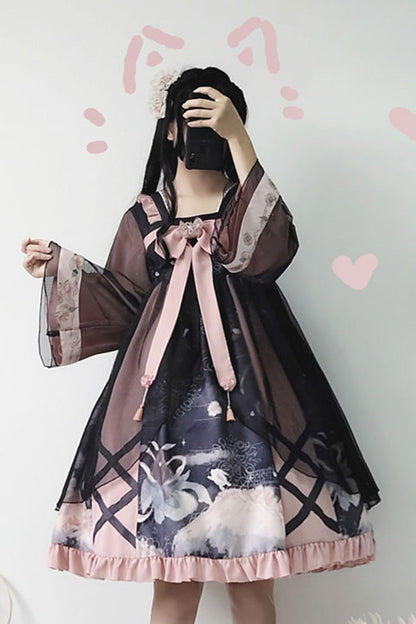 Black/Pink Chinese Style Long Sleeves Chest Bow Chiffon Sweet Lolita OP Dress