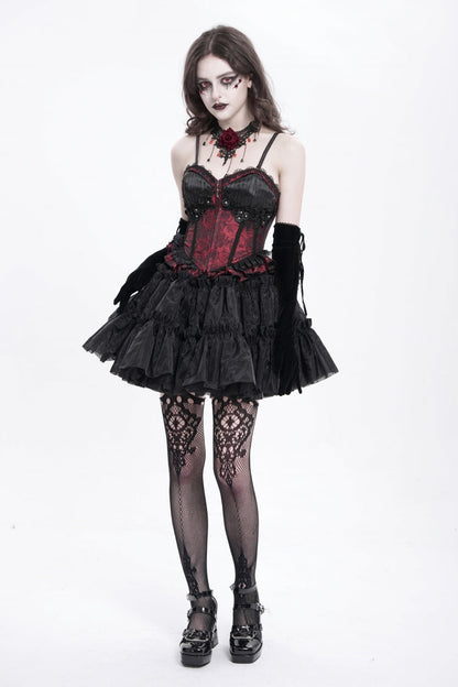 Red Sleeveless Ruffle Embroidery Lace-Up Women's Gothic Tank Top