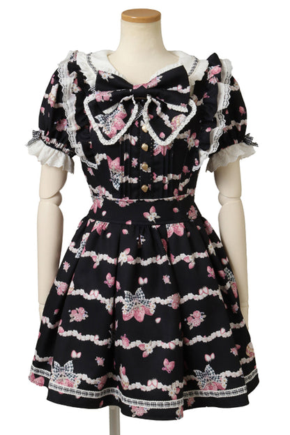 Black [Creamy Berry] Print Short Puff Sleeves Ruffle Bowknot Lace-Up Sweet Jirai Kei Japanese Dress