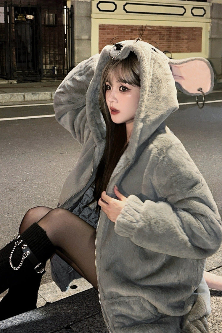 Grey Mouse Ears and Tail Long Sleeves Punk Jirai Kei Japanese Plush Coat