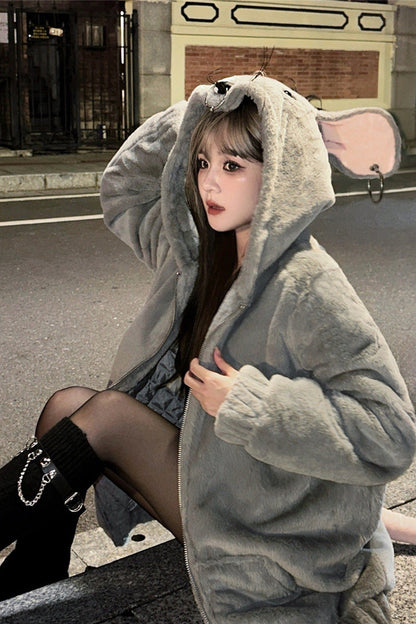 Grey Mouse Ears and Tail Long Sleeves Punk Jirai Kei Japanese Plush Coat