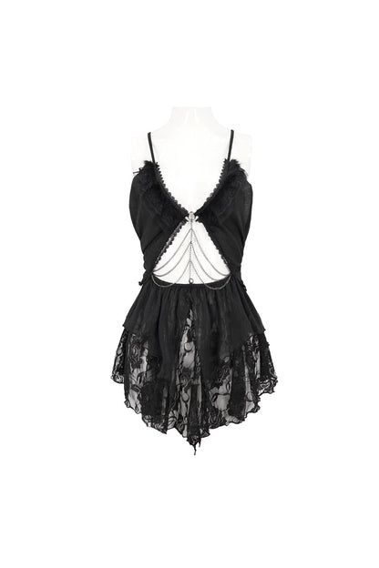Black Sheer Striped Chiffon Paneled Lace And Metal Chain Trim Women's Punk Fun Dress