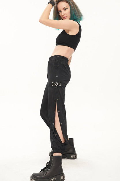 Black Punk Sports Style Metal Five-Star Decoration Trouser Leg Button Detachable Women's Long Pants