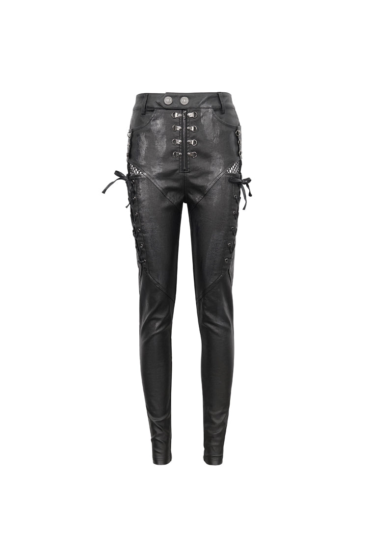 Black Stretch Faux Leather Paneled Mesh Women's Punk Trousers