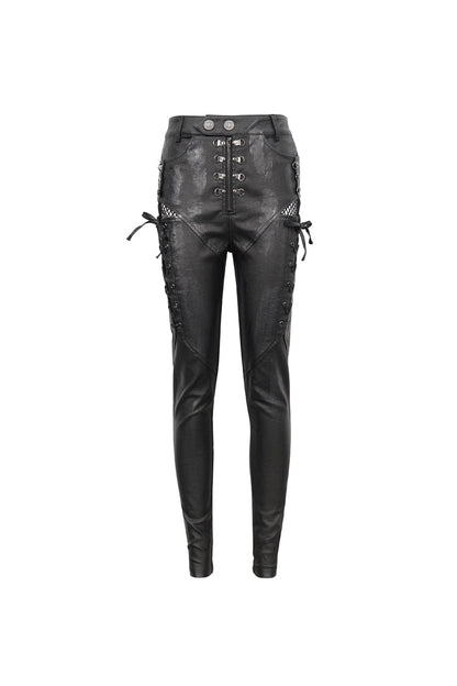 Black Stretch Faux Leather Paneled Mesh Women's Punk Trousers