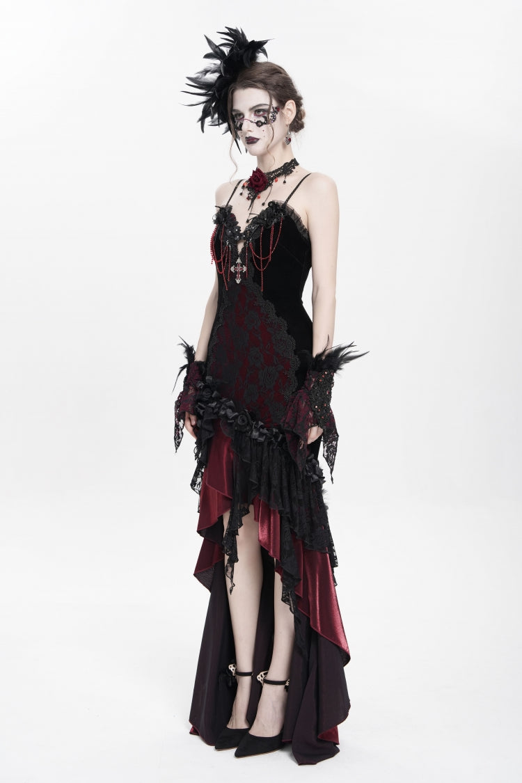 Black/Red Sleeveless Cross Ruffled Floral Embroidered Chain-Decorated Women's Gothic Long Slip Dress