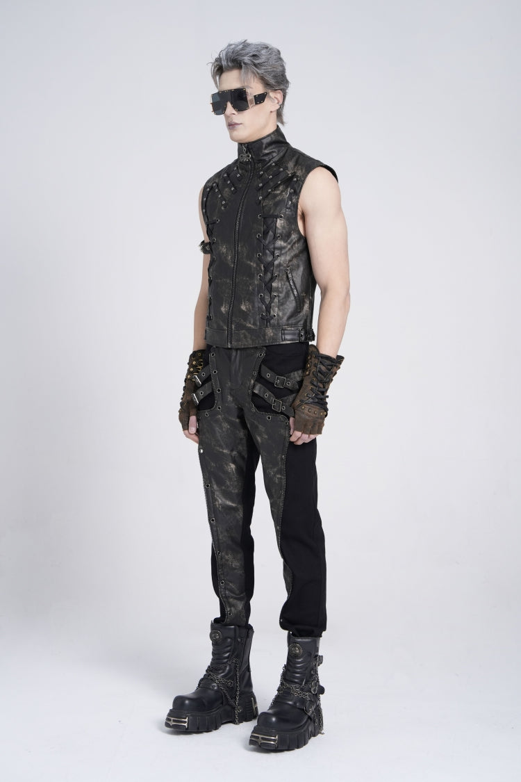 Black Stand Collar Sleeveless Strappy Stitching Zipper Men's Gothic Vest