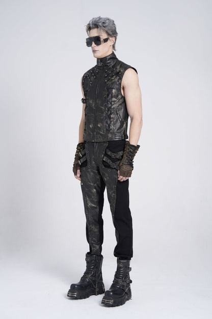 Black Stand Collar Sleeveless Strappy Stitching Zipper Men's Gothic Vest