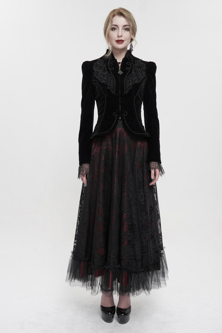 Black Stand Collar Velvet Appliqu On Chest Pendant Zipper Autumn And Winter Short Long Sleeve Women's Gothic Jacket