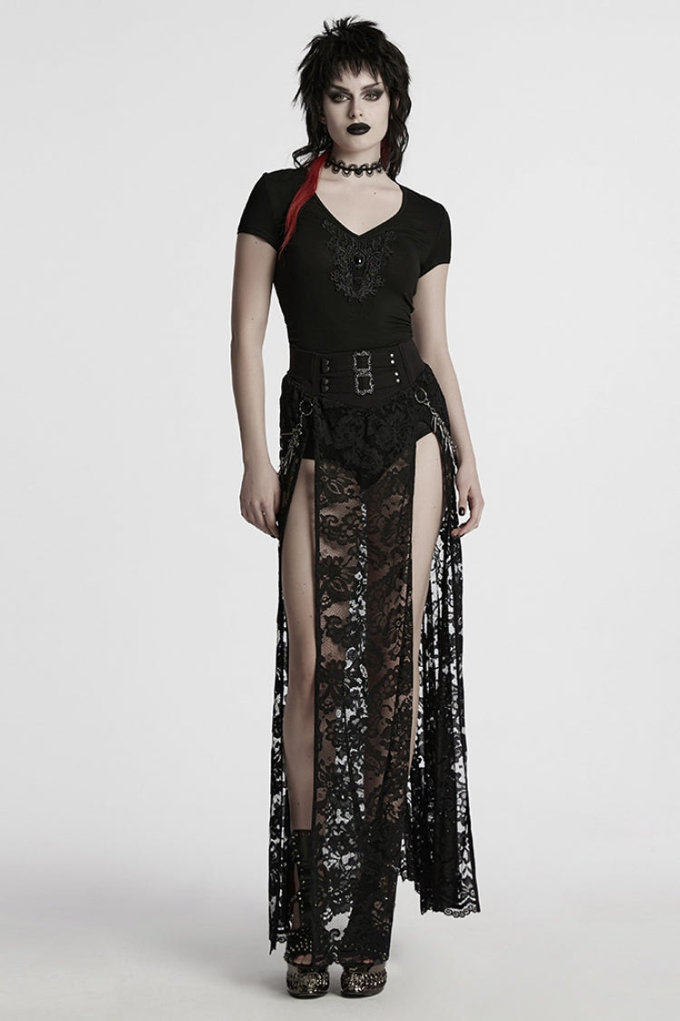 Black Short Sleeves Jacquard Floral Embroidery Women's Gothic Blouse
