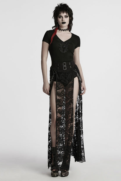 Black Short Sleeves Jacquard Floral Embroidery Women's Gothic Blouse