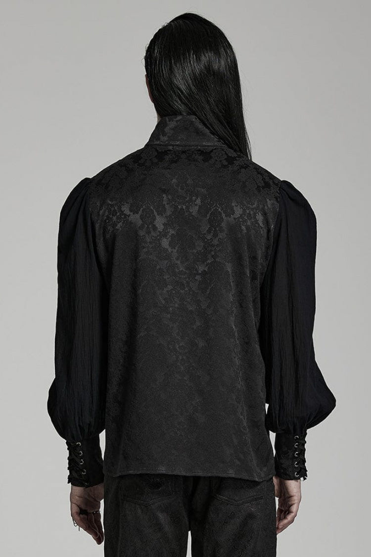 Black Stand Collar Long Puff Sleeves Jacquard Print Lace Mens Gothic Blouse