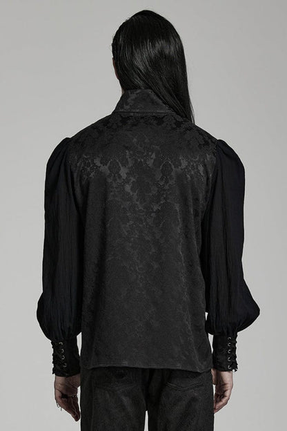 Black Stand Collar Long Puff Sleeves Jacquard Print Lace Mens Gothic Blouse