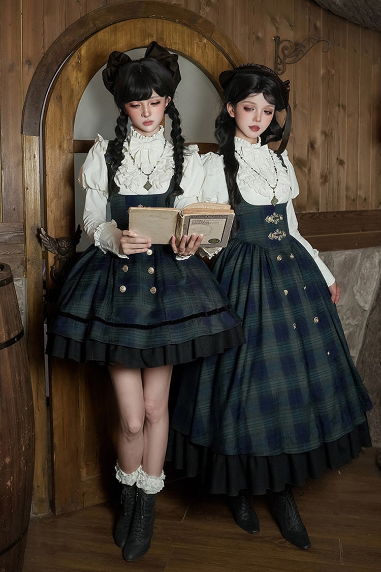 Blue/Green [Berlin's letter] Double-Layered Plaid Print Ruffle Bowknot Classic College Style Lolita Strap Dress Set 2 Versions