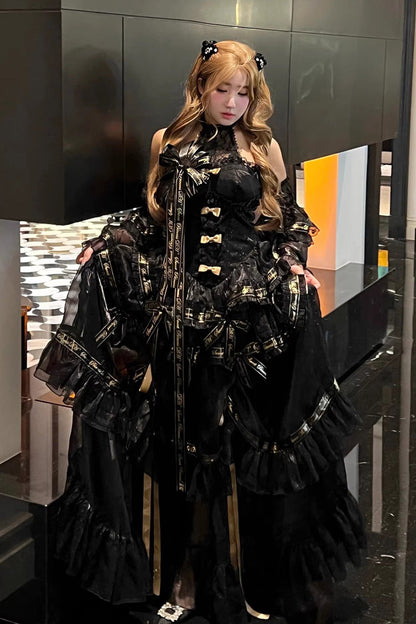 Black [Obsidian Banquet] Double-Layered Ruffled Hanayome Bow Lace Sweet Gothic Princess Lolita Jsk Dress