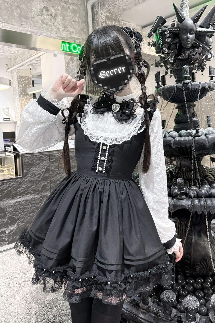 Black/White [Thorn Doll] Long Sleeves Ruffled Bow Pearl-Decorated Gothic Jirai Kei Dress