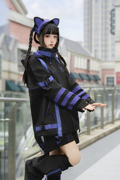Blue/Black Long Sleeves Print Cat Ears Hooded Jirai Kei Handsome Coat