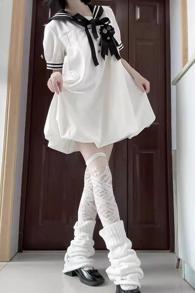 Black/White [Old Stories] Navy Collar Short Sleeves Bowknot Sweet Lolita Dress