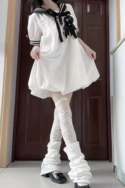 Black/White [Old Stories] Navy Collar Short Sleeves Bowknot Sweet Lolita Dress