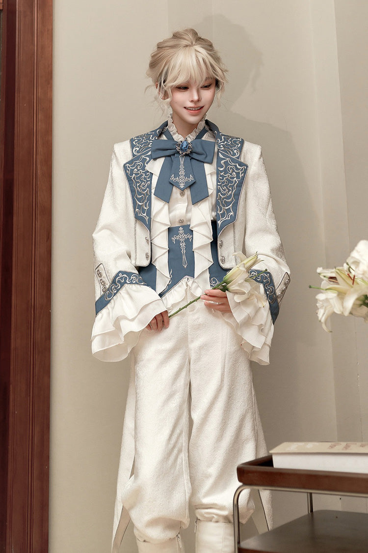 White [Moonlit Paladin Prince] Ruffle Embroidery Bowknot Classic Prince Handsome Ouji Lolita Set