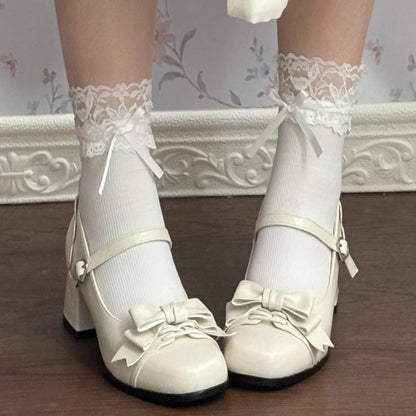 Bowknot Square Toe Sweet College Style Lolita High Heels Shoes 3 Colors