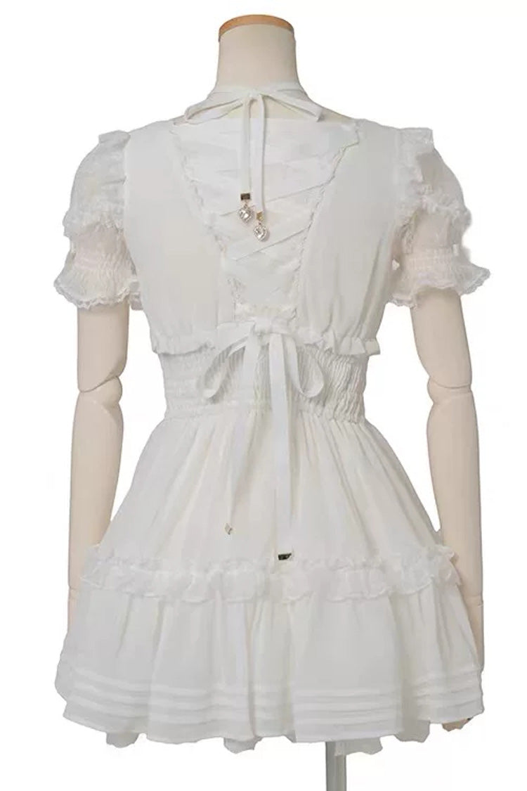 Jirai Kei Short Sleeves Triple-Layered Printed Ruffled Bow Lace-Up Sweet Japanese Dress Set 3 Colors