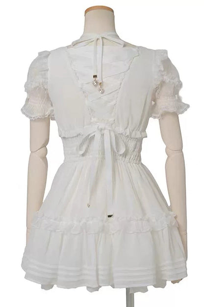 Jirai Kei Short Sleeves Triple-Layered Printed Ruffled Bow Lace-Up Sweet Japanese Dress Set 3 Colors