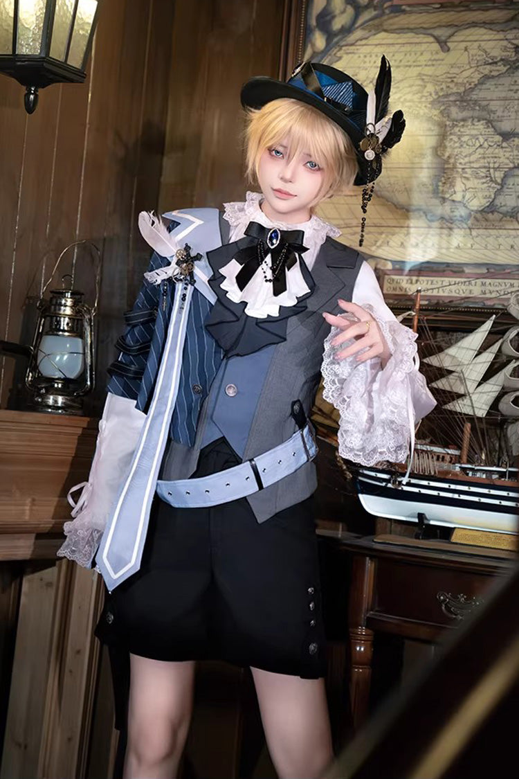 White/Grey/Blue [Age of Machines] Bow Asymmetric Punk Prince Ouji Lolita Shorts Vest Cloak Set