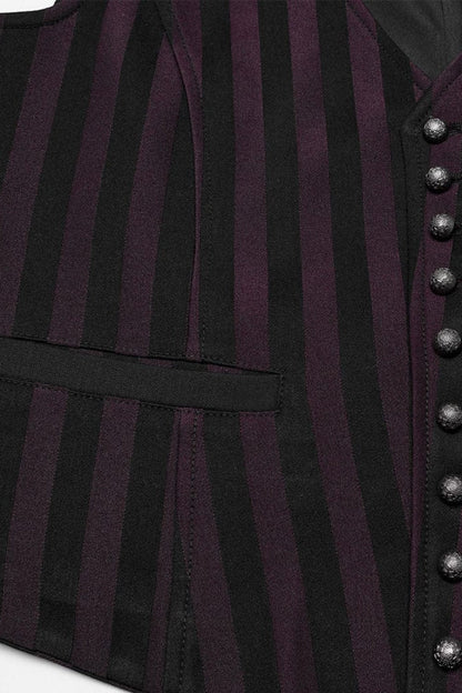 Black/Red V Collar Sleeveless Striped Print Buckle Men's Punk Vest