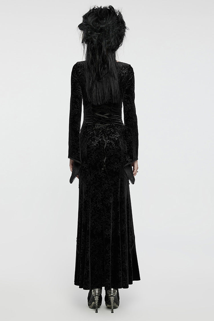 Black V Collar Long Sleeves Hollow Embroidery Lace-Up Women's Gothic Dress