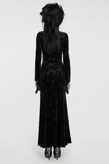 Black V Collar Long Sleeves Hollow Embroidery Lace-Up Women's Gothic Dress