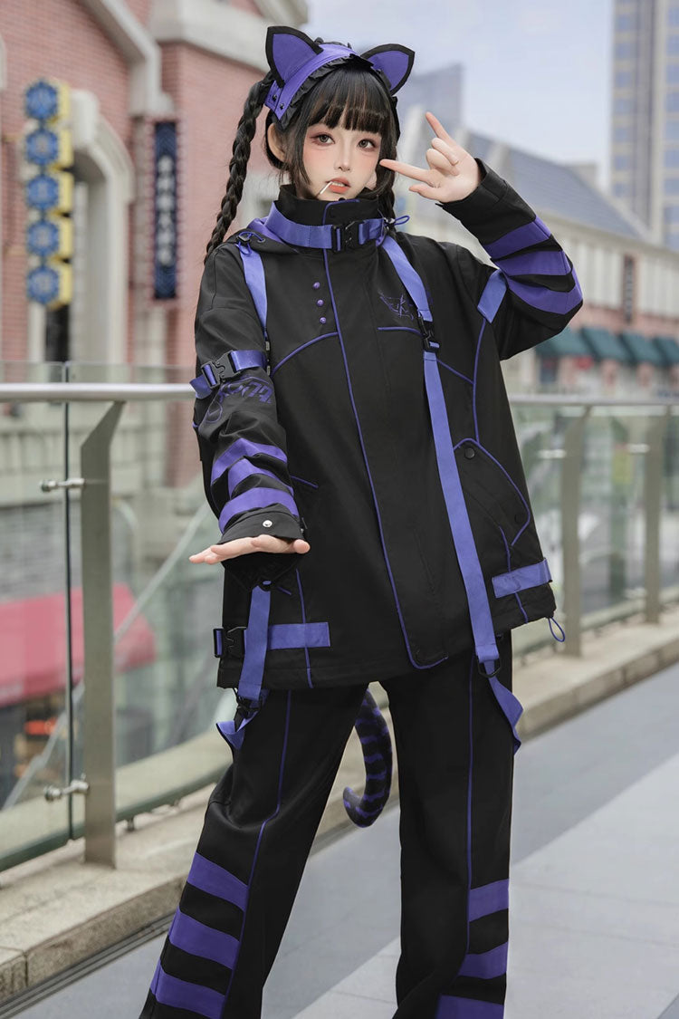 Blue/Black Long Sleeves Print Cat Ears Hooded Jirai Kei Handsome Coat