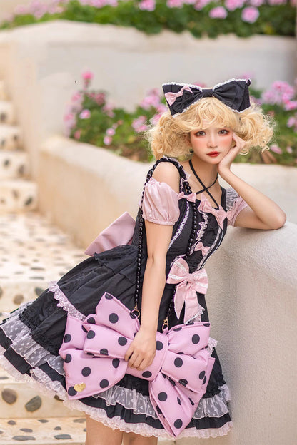 Pink/Black Polka Dot Print Bowknot Shaped Sweet Lolita Backpack