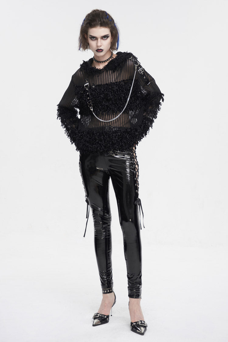 Black Segmented Mesh Matching Chain Women's Punk Hooded Sweater