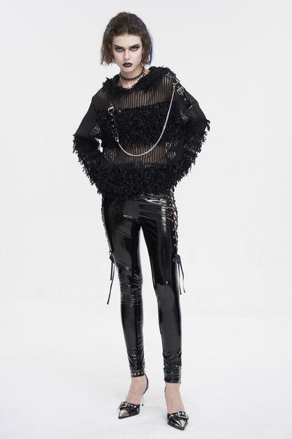 Black Segmented Mesh Matching Chain Women's Punk Hooded Sweater