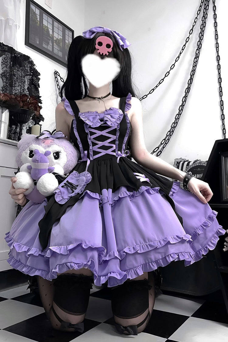 Black/Purple [Halloween Little Witch] Sleeveless Double-Layered Ruffle Bowknot Lace-Up Gothic Lolita Jsk Dress