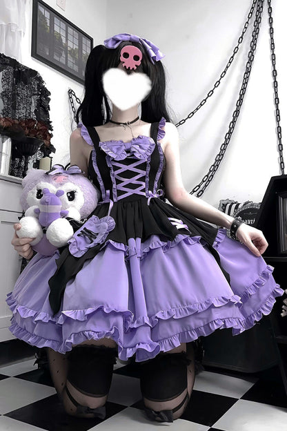 Black/Purple [Halloween Little Witch] Sleeveless Double-Layered Ruffle Bowknot Lace-Up Gothic Lolita Jsk Dress