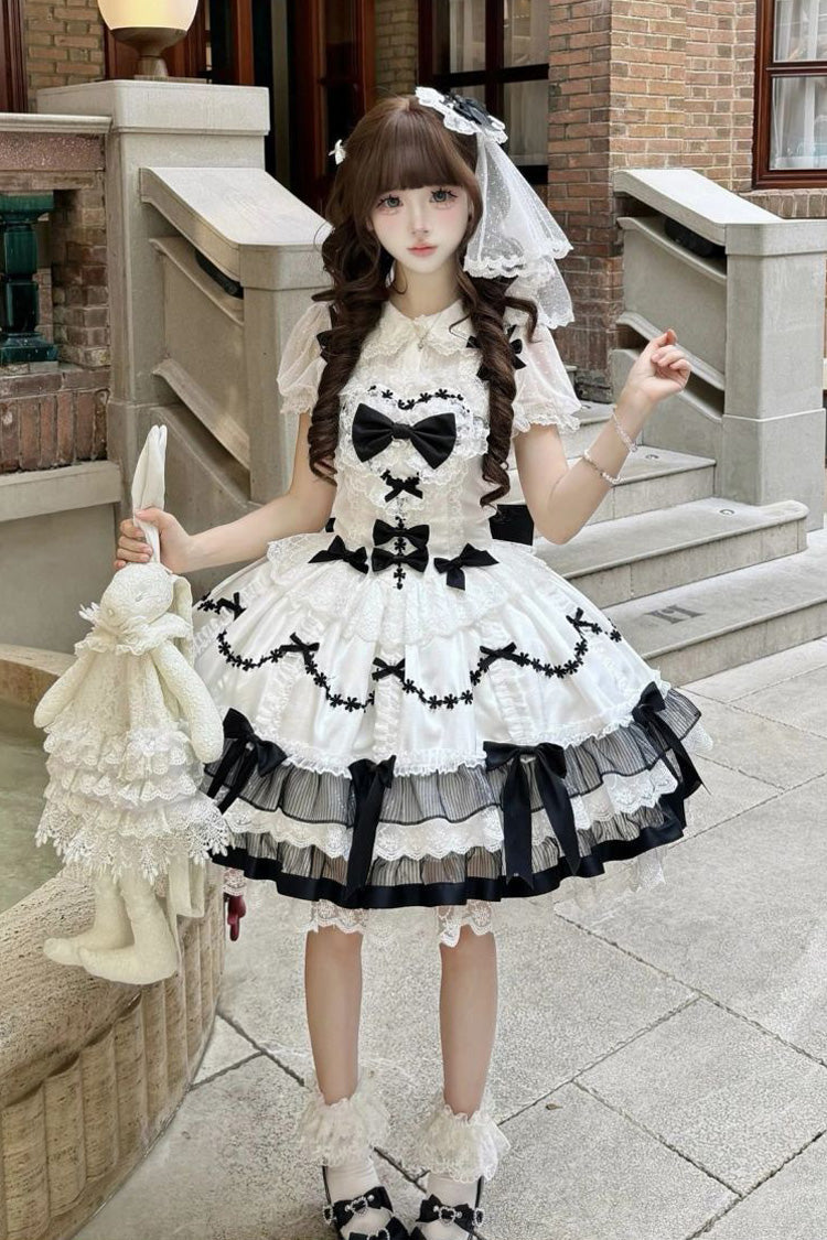 Black/White [Scarlet Heart Cocoa] Sleeveless Triple-Layered Ruffle Embroidery Bowknot Lace Sweet Lolita Jsk Dress